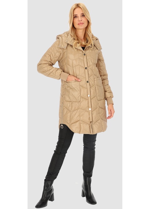 Geaca matlasata Perso, bej, cu fante laterale, lunga pana la genunchi, din nylon