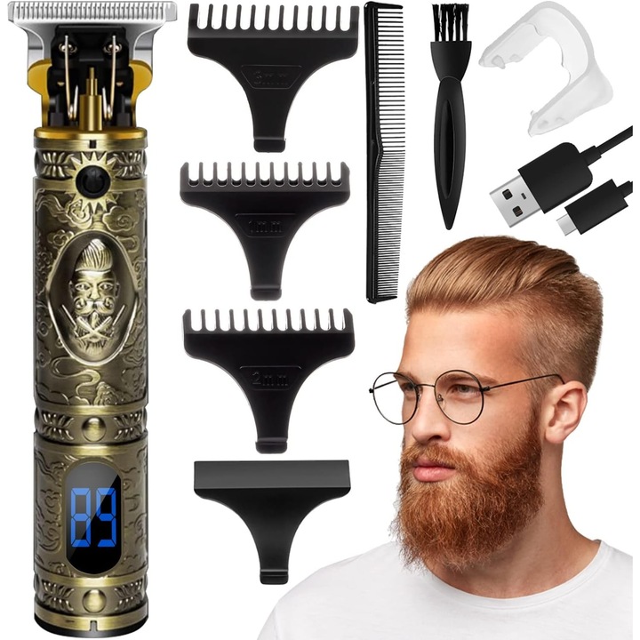 Trimmer Multifunctional idealSTORE pentru Par si Barba, Power 10 W, Baterie 1200 mAh, Autonomie pana la 120 minute, Trei Capete Ajustabile 1-3 mm, Lama T-Blade din Otel Inoxidabil, Ecran LCD pentru nivelul bateriei, Lungime 15 cm, Maner antiderapant