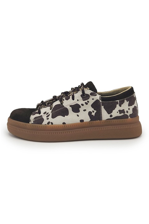 unudoitrei, Pantofi sport din piele intoarsa cu animal print, Maro nisip/Maro inchis/Caramel