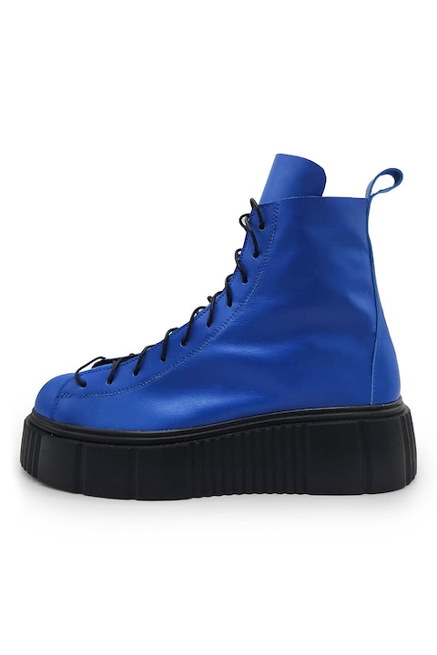 unudoitrei, Botine flatform din piele cu sireturi, Negru/Albastru royal
