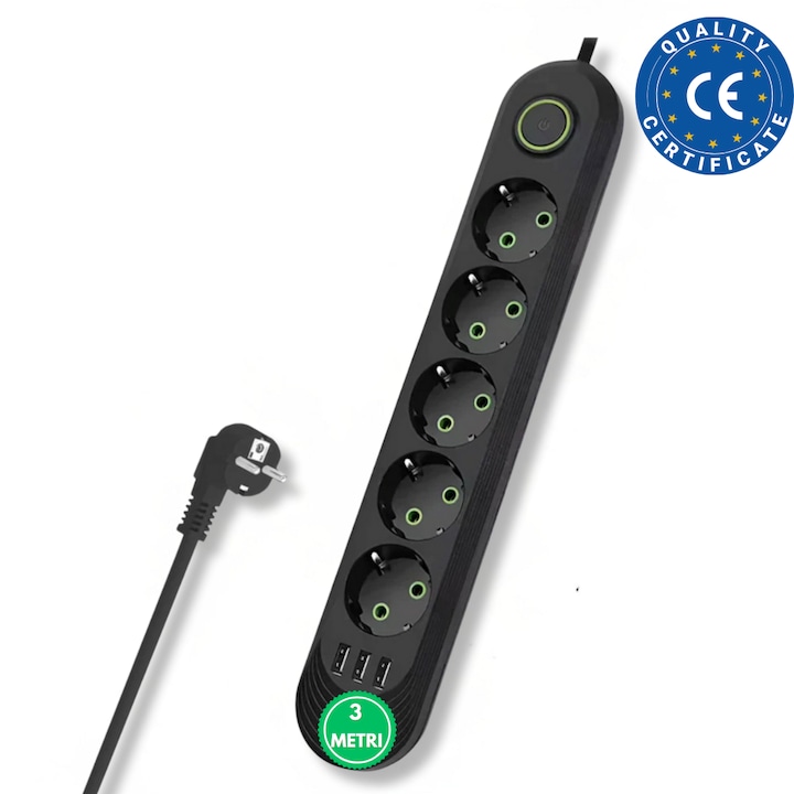 Elektromos Hosszabbító 5 Aljzattal és 3 USB Porttal, 3 Méteres Kábel, Be/Ki Kapcsoló Gomb, Túlterhelés Védelem, Fali Akasztó, Telefonnal Laptoppal Tablettel Kompatibilis, 2500W Teljesítmény, Smart Gadgets C&A, Fekete