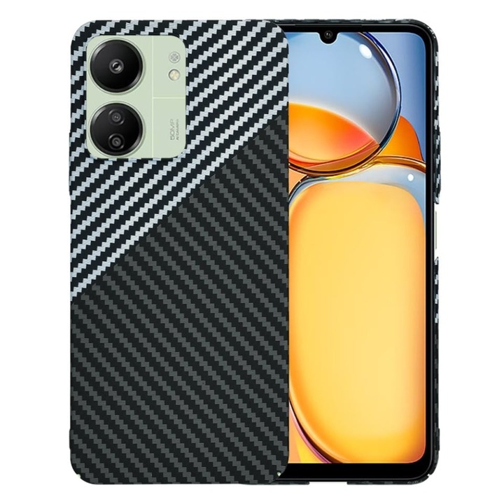 Husa pentru Xiaomi Redmi 13C 4G / Poco C65 / Redmi 13C 5G, SKYDDAR INNOVATION, textura carbon, Carbonite FiberShell, set cu sticker, Gri