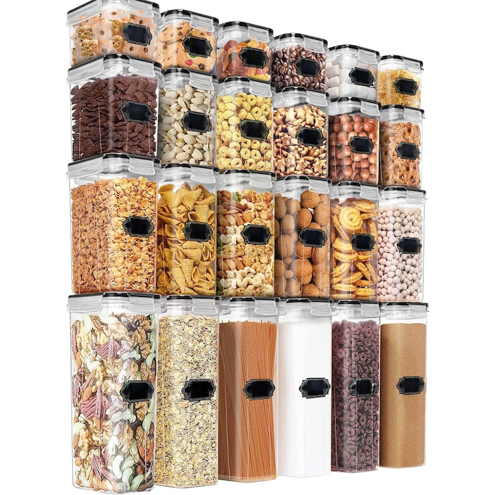 Set 24 cutii depozitare alimente NextWave, plastic alimentar, transparent, capace etanse cu garnitura, 4 dimensiuni, reutilizabile si stivuibile, marker si etichete incluse