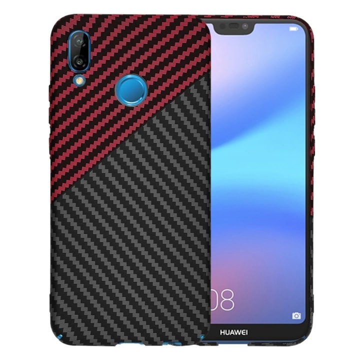 Husa pentru Huawei P20 Lite, SKYDDAR INNOVATION, textura carbon, Carbonite FiberShell, set cu sticker, Rosu inchis