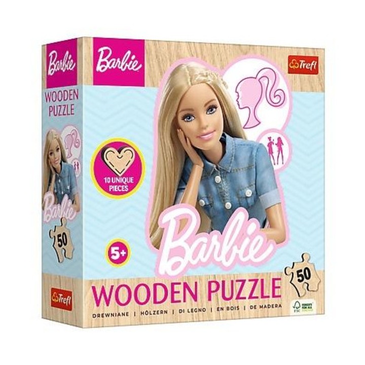 Fa puzzle, 50 darabos, Barbie, Trefl, szabálytalan formák, környezetbarát, 30x22cm