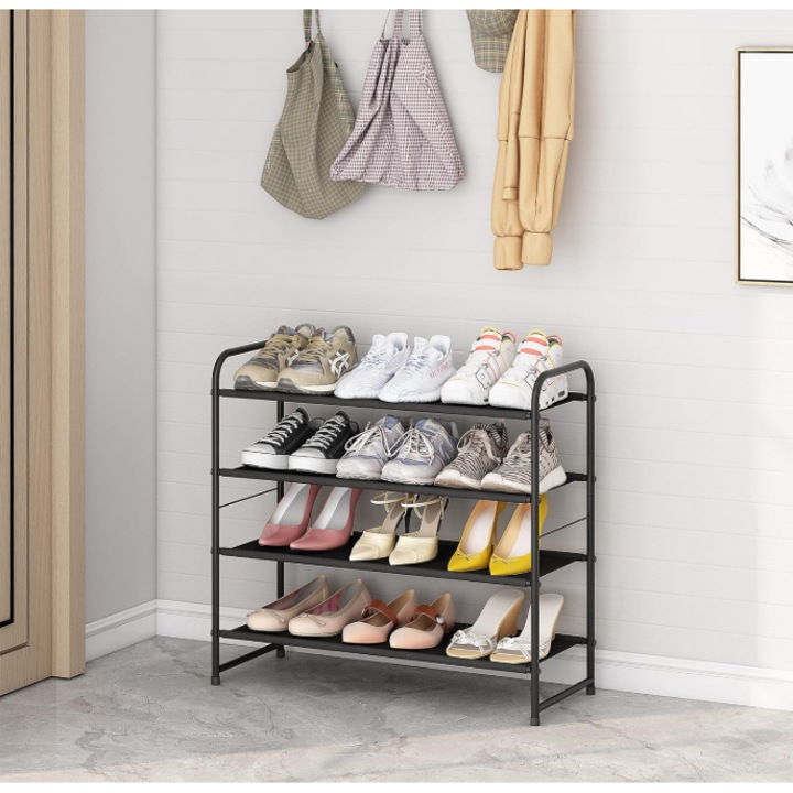 Raft pentru incaltaminte din metal aluminiu, 4 polite, negru, 65x60x25 cm