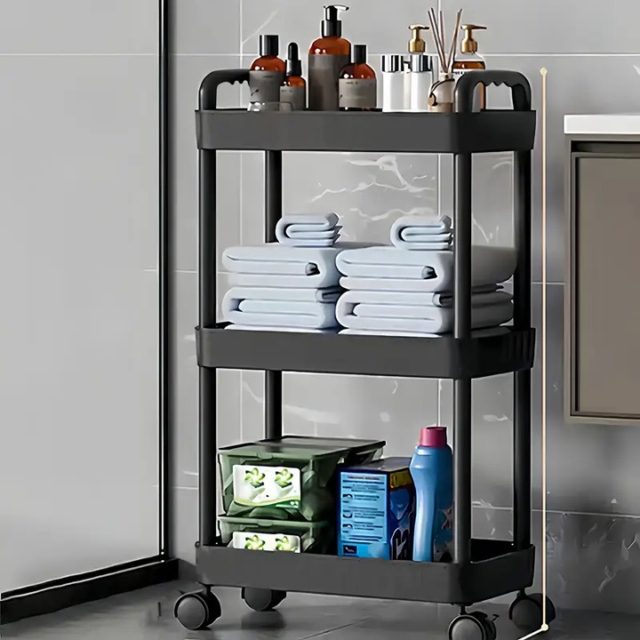 Количка за съхранение с 3 нива и колела, пластмасова, черна