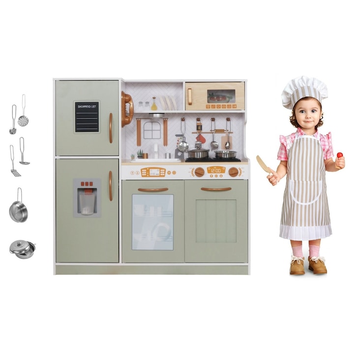 Топ 12 Най-Добрите Дървени Детски Кухни Играчки Комплект Кухня за Деца от Естествено Дърво, FrenchCuisine GREEN KIDO, LED Осветление и Звуци, Разглобяеми Елементи, Комплект Уреди, Фурна с Бутони, Телефон, Котлон, Микровълнова, Мивка, 80.5 СМ Височина, Зелен