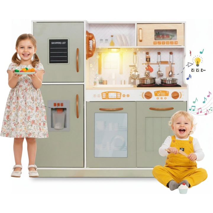 Set Bucatarie pentru Copii din Lemn Natural, FrenchCuisine GREEN KIDO, Iluminare LED si Sunete, Elemente Detasabile, Set Ustensile, Cuptor cu Butoane, Telefon, Plita, Microunde, Chiuveta, 80.5 CM Inaltime, Green