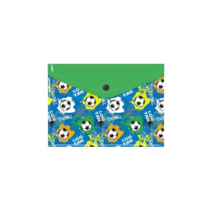 Mapa A5 Biurfol cu imprimeu fotbal, din folie PP, inchisa cu nap, colorata.