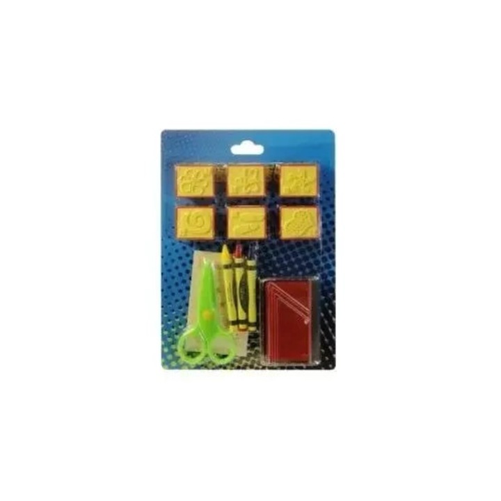 Set stampile SWEDE cu burete, creioane si foarfece, multicolor, dimensiuni 30x20x5cm