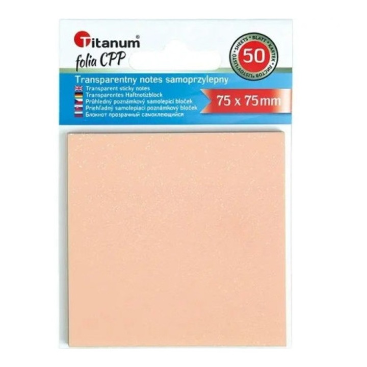 Notes samoprzylepny Titanum, transparent, 75x75mm, 50 bucati, culoare lososie