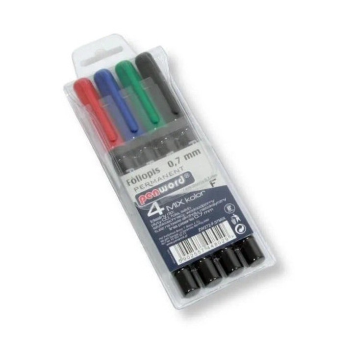 Marker do folii Penword, set 4 culori, 0.7mm, albastru, rosu, negru, verde