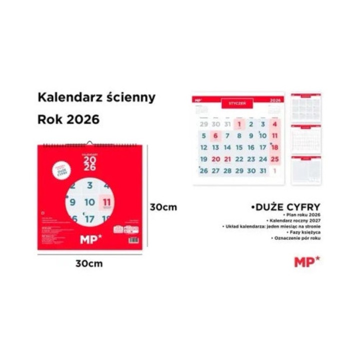 2026-os naptár, MP Main Paper, 30x30cm, piros