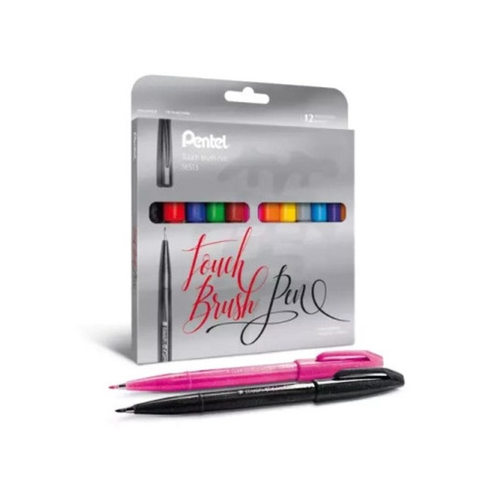 Set de pixuri Pentel Touch Brush Pen, 12 culori, varf flexibil