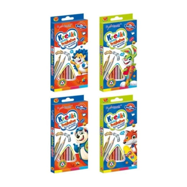 Creioane colorate triunghiulare, 12 culori, set cu auriu si argintiu, ST-MAJEWSKI