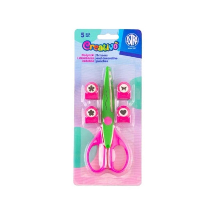 Set foarfeca/4 perforatoare decorative, ASTRA, 10 mm, verde/roz