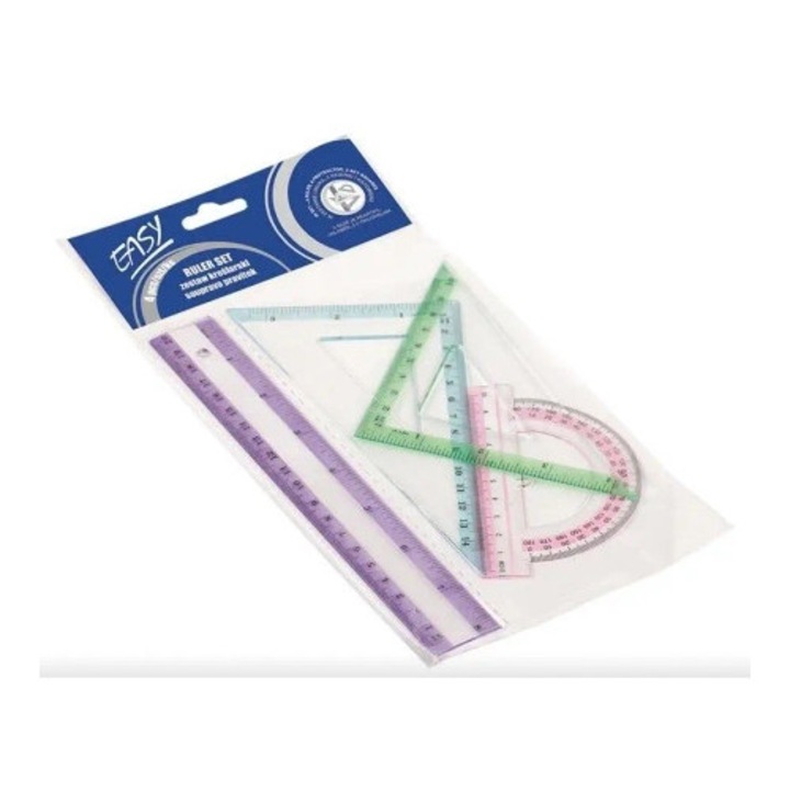 Set instrumente de geometrie Easy Stationery, linie 20cm, ecuatie 60° si 45°, catomierz 180°