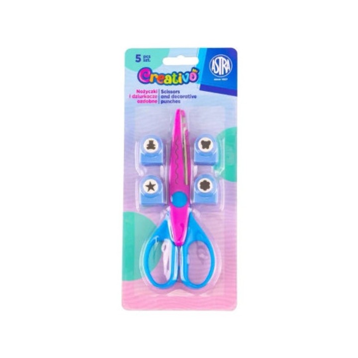 Set foarfeca/4 perforatoare decorative ASTRA, 10 mm, roz/albastru