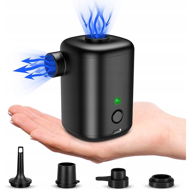 Преносима електрическа помпа за надуване, 3000 mAh, 15W, 4 дюзи, черна