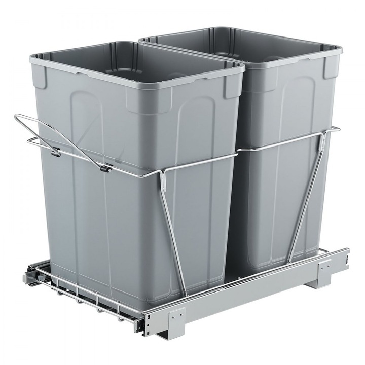 Cos de Gunoi Dublu, Glisant, pentru Bucatarie, Capacitate 35L x 2, din Plastic, Gri
