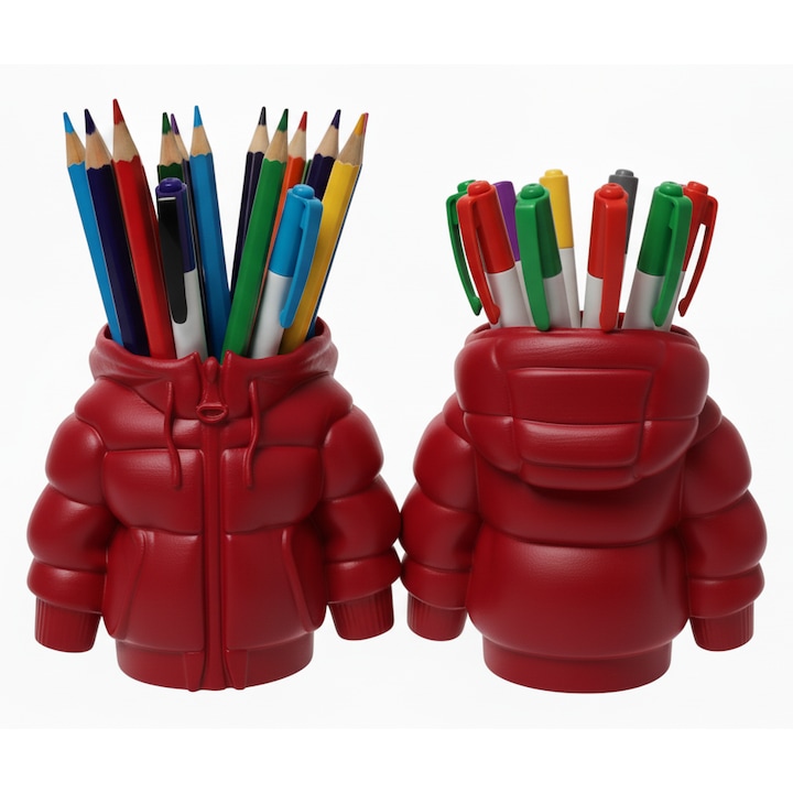 Suport creioane si pixuri sub forma de jacheta - geaca, culoare rosu, accesoriu haios si original pentru birou, cadou inedit pentru birou, acasa si serviciu