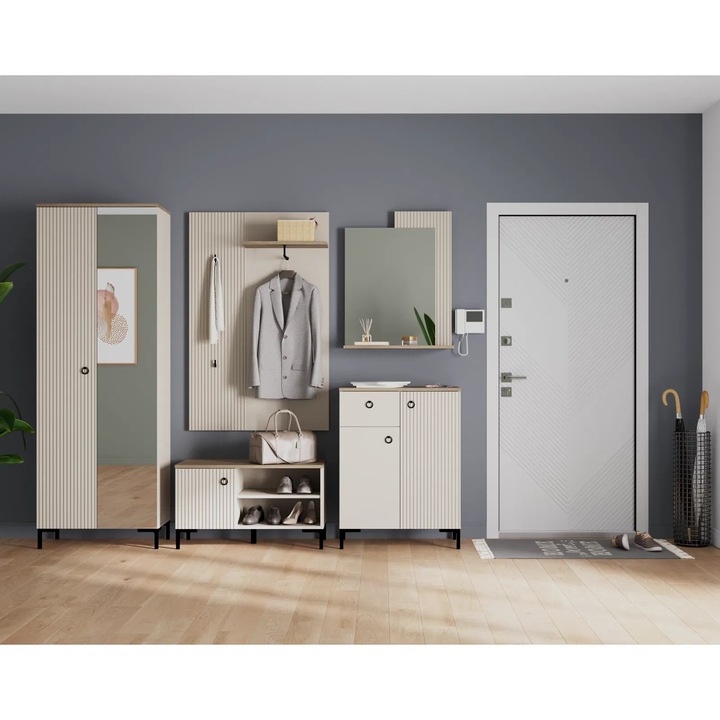 Set hol Expomob DOMINICA, 5 piese, dulap 2 usi cu oglinda, comoda, pantofar, cuier, oglinda, dimensiune 225x41x199 cm, culoare taupe + stejar silverjack