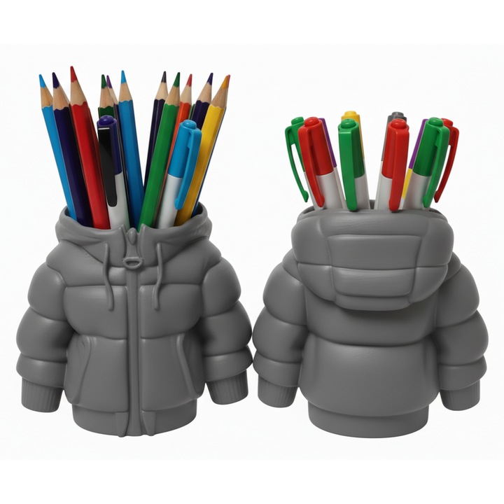 Suport creioane si pixuri sub forma de jacheta - geaca, culoare gri, accesoriu haios si original pentru birou, cadou inedit pentru birou, acasa si serviciu