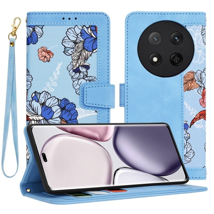 Husa pentru Honor X9c / Magic7 Lite, SKYDDAR INNOVATION, Flipcraft din Piele Ecologica, Stand Integrat, Buzunare pentru Carduri, set cu sticker, Bleu