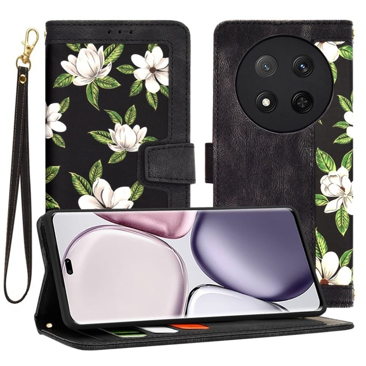 Husa pentru Honor X9c / Magic7 Lite, SKYDDAR INNOVATION, Flipcraft din Piele Ecologica, Stand Integrat, Buzunare pentru Carduri, set cu sticker, Negru