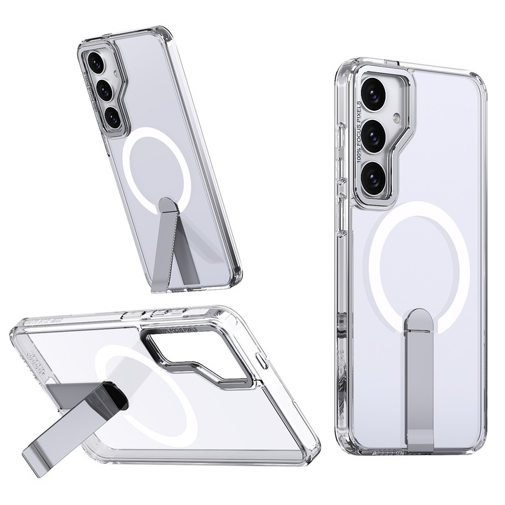 Husa de protectie pentru Samsung Galaxy S25 Compatibila cu MagSafe, Kickstand Metalic, TPU + Acril, Transparent – Protectie Premium si Design Elegant