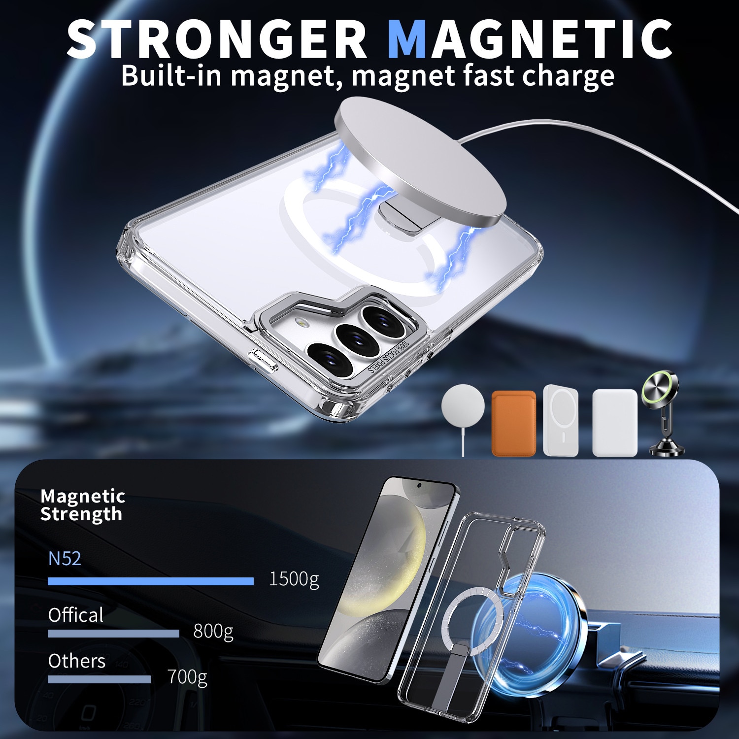 Husa de protectie pentru Samsung Galaxy S24 Compatibila cu MagSafe, Kickstand Metalic, TPU + Acril, Transparent – Protectie Premium si Design Elegant