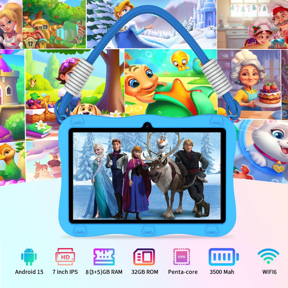 Tableta pentru copii de 7 inch Android 15 - Dasbo®, 8 (3+5) GB RAM +32GB ROM, Penta-core 1.8Ghz, WiFi6, Camera Duala, Baterie 3500mAh, Husa rezistenta la socuri si Control Parental, Software pentru copii preinstalat, Bluetooth, Albastra