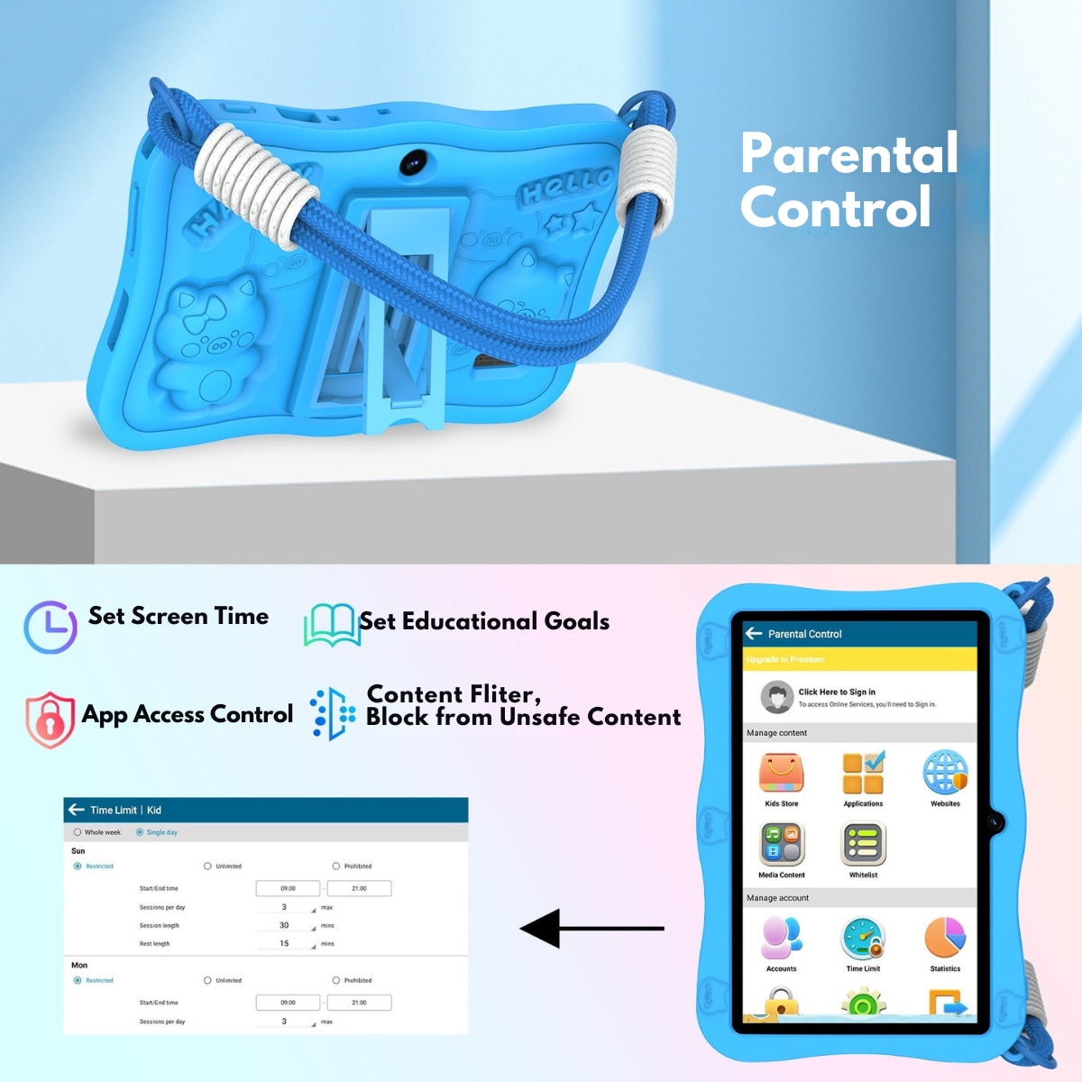 Tableta pentru copii de 7 inch Android 15 - Dasbo®, 8 (3+5) GB RAM +32GB ROM, Penta-core 1.8Ghz, WiFi6, Camera Duala, Baterie 3500mAh, Husa rezistenta la socuri si Control Parental, Software pentru copii preinstalat, Bluetooth, Albastra