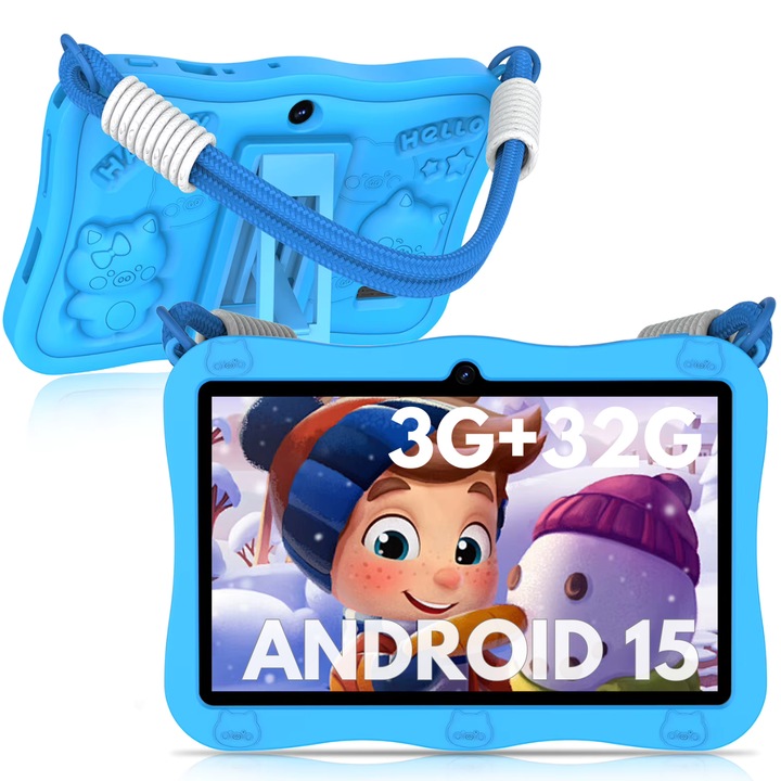 Tableta pentru copii de 7 inch Android 15 - Dasbo®, 8 (3+5) GB RAM +32GB ROM, Penta-core 1.8Ghz, WiFi6, Camera Duala, Baterie 3500mAh, Husa rezistenta la socuri si Control Parental, Software pentru copii preinstalat, Bluetooth, Albastra