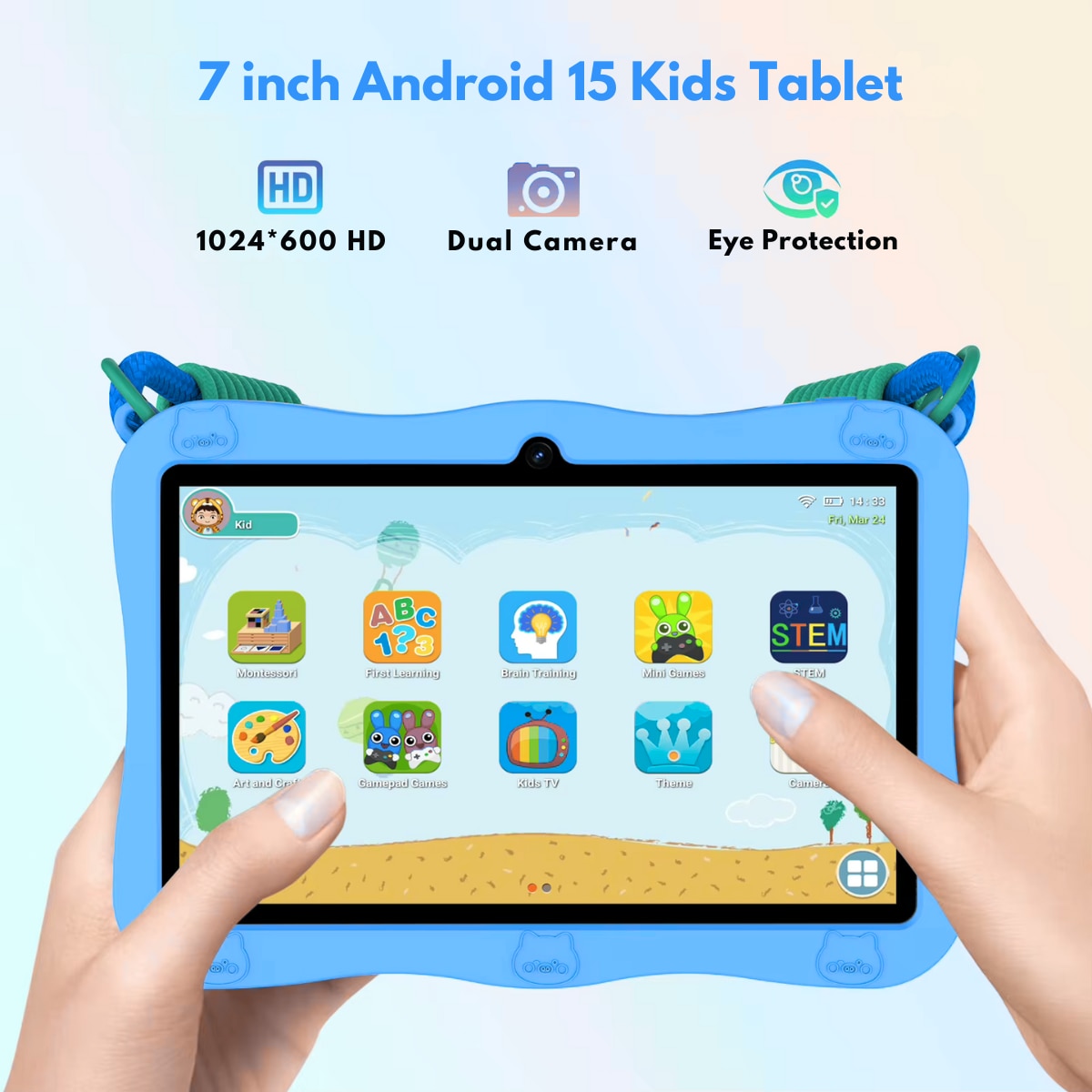 Tableta pentru copii de 7 inch Android 15 - Dasbo®, 8 (3+5) GB RAM +32GB ROM, Penta-core 1.8Ghz, WiFi6, Camera Duala, Baterie 3500mAh, Husa rezistenta la socuri si Control Parental, Software pentru copii preinstalat, Bluetooth, Albastra
