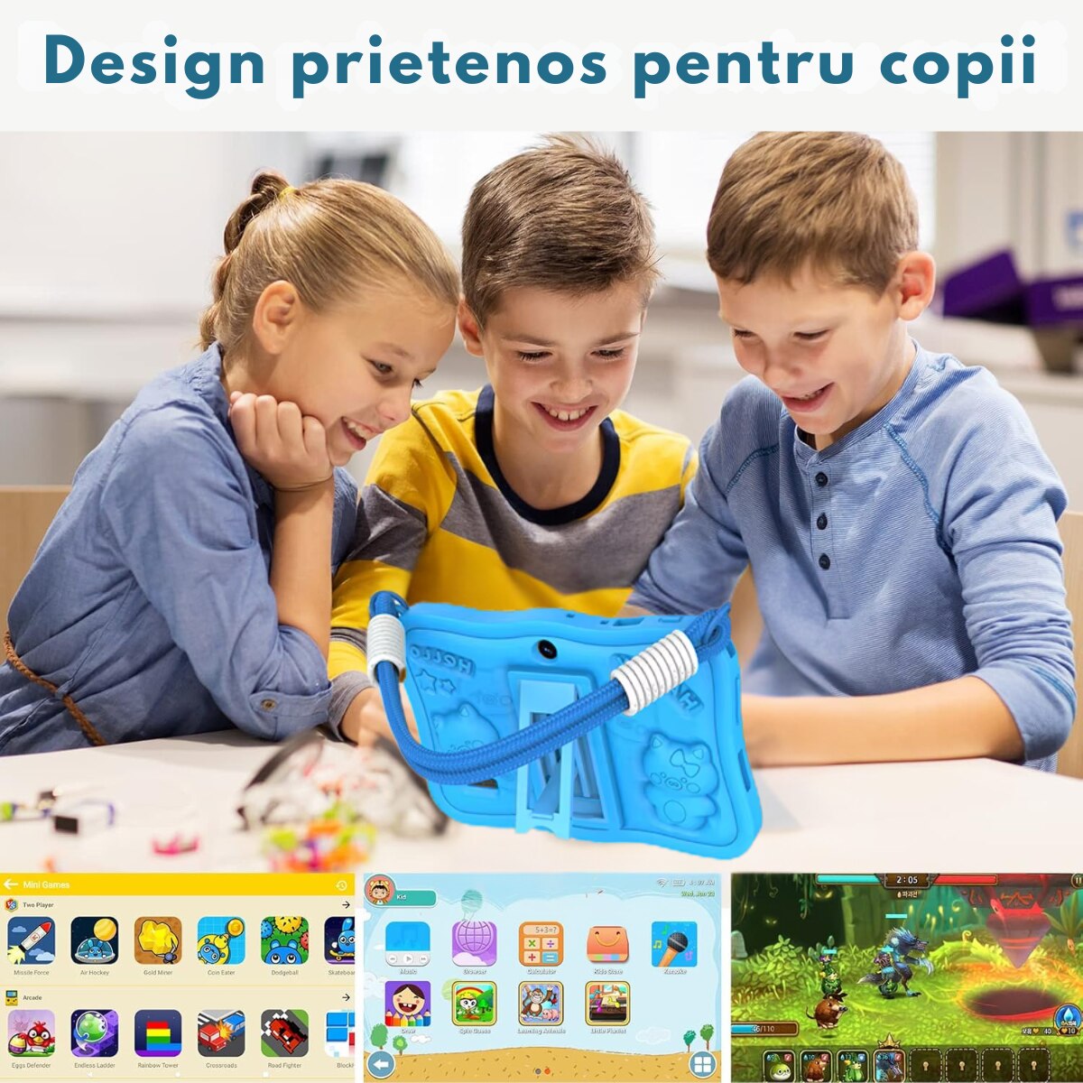 Tableta pentru copii de 7 inch Android 15 - Dasbo®, 8 (3+5) GB RAM +32GB ROM, Penta-core 1.8Ghz, WiFi6, Camera Duala, Baterie 3500mAh, Husa rezistenta la socuri si Control Parental, Software pentru copii preinstalat, Bluetooth, Albastra