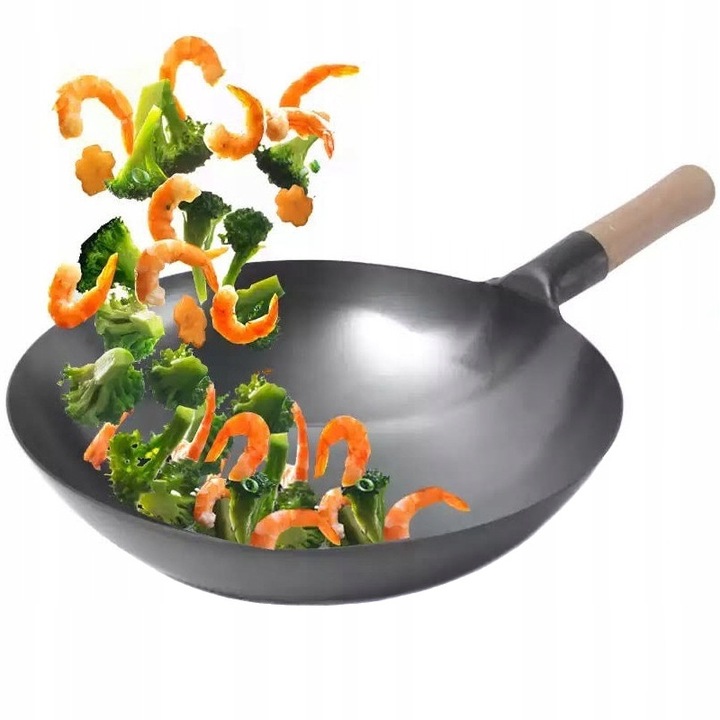 Tigaie Wok Pronett, 30cm, din otel carbon, cu maner din lemn, pentru plite pe gaz