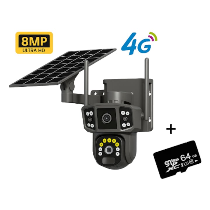 Camera de Supraveghere Video CCTV Tripla WIFI Panou solar, 8MP, audio bidirectional, night vision, Exterior/Interior, Stocare Card/Cloud, Senzor Miscare, Negru, detectie miscare, panou solar inclus