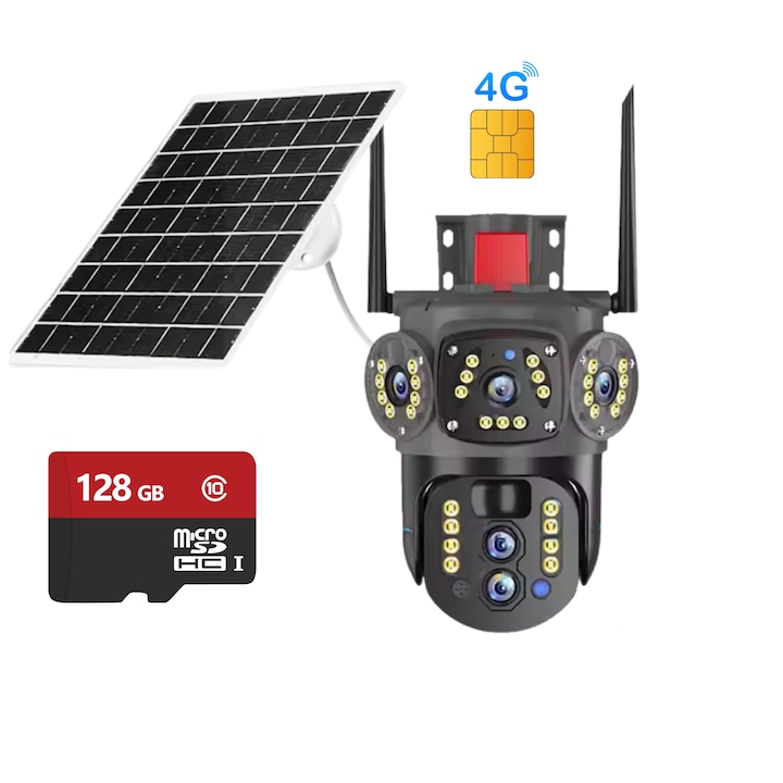 Camera de supraveghere tripla 4G Empionics® cu panou solar si card MicroSD 128 GB, V380, cu Zoom 10X, imagine FullHD, PTZ 360, iluminare led, viziune nocturna color, detectarea miscarii si vedere panoramica, microfon si difuzor incorporate, negru