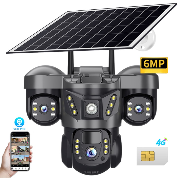 Camera video tripla cu cartela SIM 4G EvoHome®, Panou solar, acumulatori 8000 mAh, 6MP, PTZ, Rotire 350 grade, Senzor miscare PIR, Detectia umana, Comunicare bidirectionala, Aplicatie compatibila iOS si Android, exterior sau interior