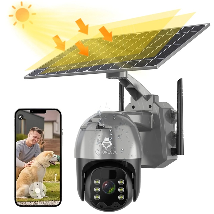 4G камера за наблюдение със SIM, Spionescu, PIR детекция на движение, цветно нощно виждане, 4MP резолюция, двупосочно аудио, соларен панел, съхранение на карта и облак, IP66, сив