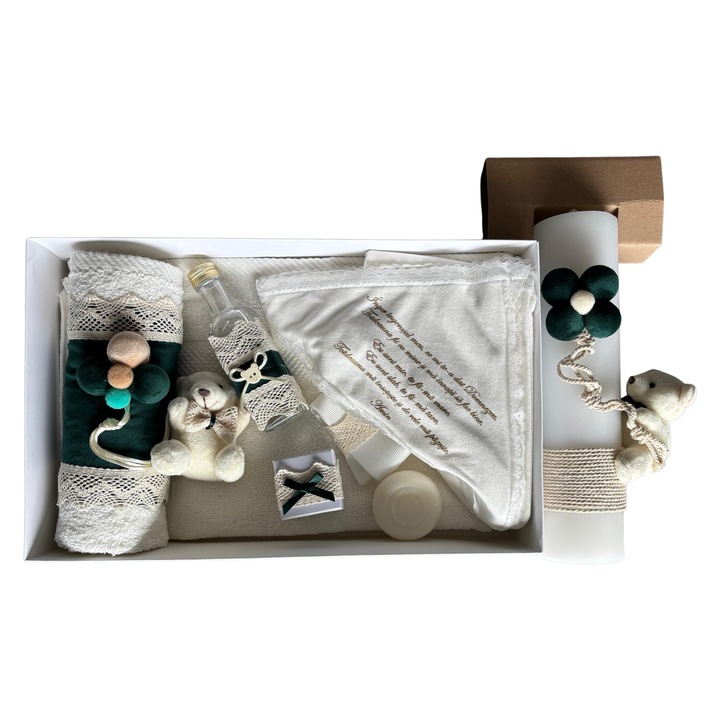 Trusou botez 8 piese, Loona's, alb/verde, elegant, cu lumanare si prosop bebelus
