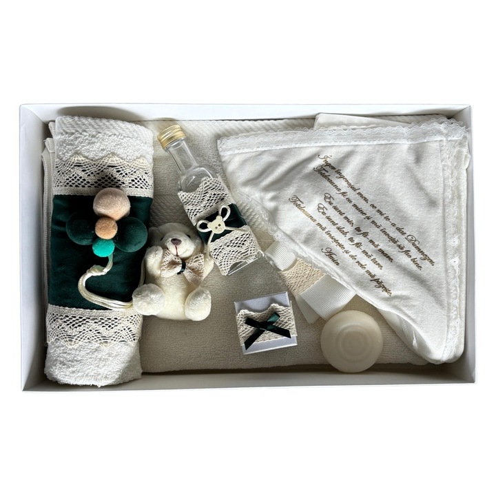 Trusou botez, complet, alb/verde, 7 piese