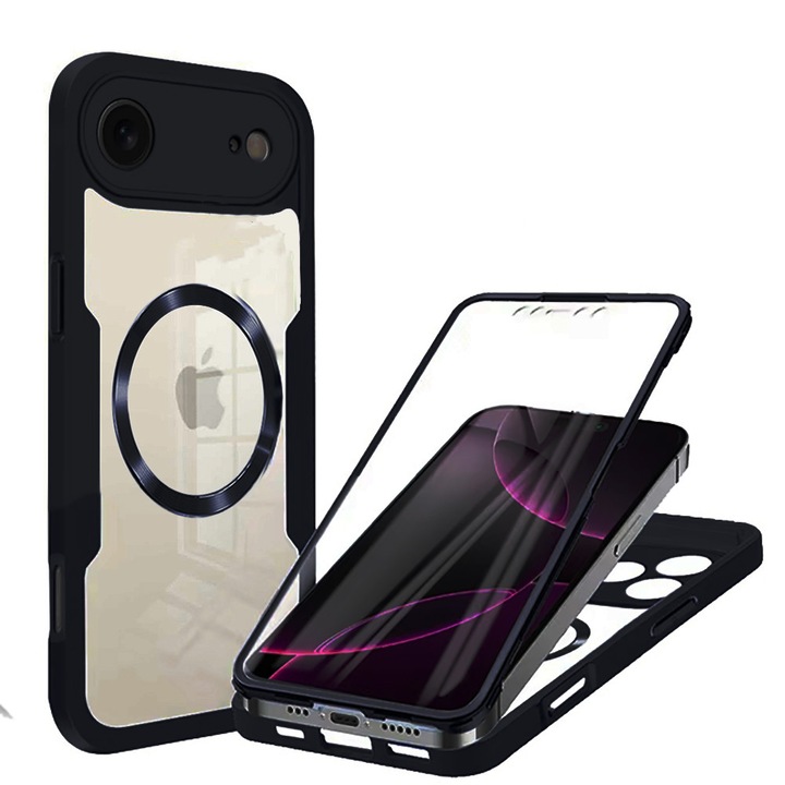 Калъф 360 градуса съвместим с Apple iPhone 17 Air, С включен протектор за екран, Съвместим с MagSafe, Удароустойчив, Против пожълтяване, Против надраскване, Издръжлив, Повдигнати ръбове от 3 мм, Черен/Прозрачен