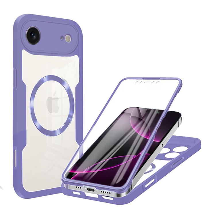 Кейс 360 градуса съвместим с Apple iPhone 17 Air, С включен протектор за екран, Съвместим с MagSafe, Удароустойчив, Против пожълтяване, Против надраскване, Издръжлив, Повдигнати ръбове от 3 мм, Лилав/Прозрачен
