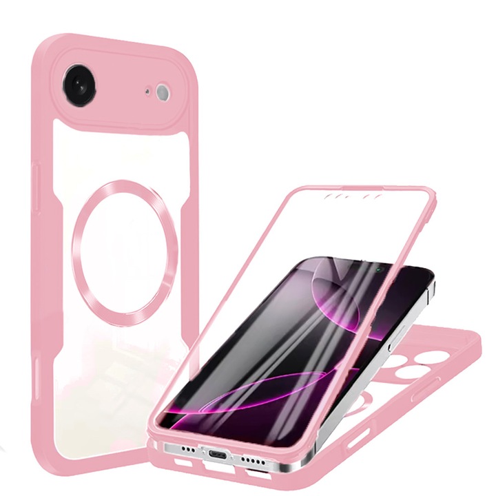 Калъф 360 градуса съвместим с Apple iPhone 17 Air, С включен протектор за екран, Съвместим с MagSafe, Устойчив на удари, Против пожълтяване, Против надраскване, Издръжлив, 3мм повдигнати ръбове, Розов/Прозрачен