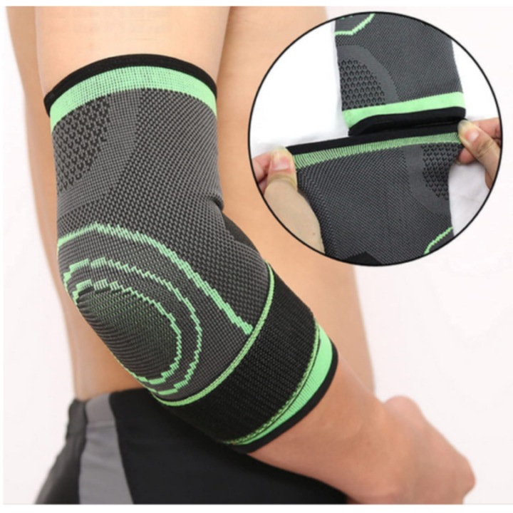 Cotiera Elastica Sport pentru Sustinere si Protectie Cot, Textil Elastic, Tricotaj 360°, Unisex – Negru/Verde, FABRILUX®