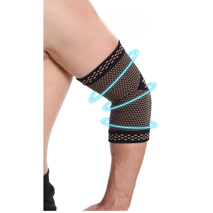 Set 2 cotiere compresive cu fir de cupru CuproSmart®, marime L, Negru/Beige, unisex, sport, protejeaza muschii bratelor, reduce durerile articulare