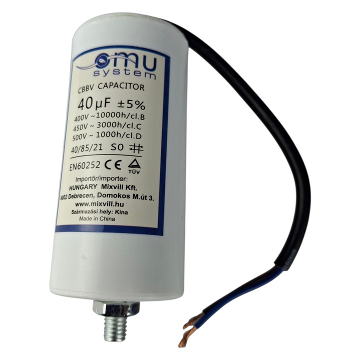 Condensator de operare 40μF 450V AC cu cablu surub M8 cu piulita fir de 20cm